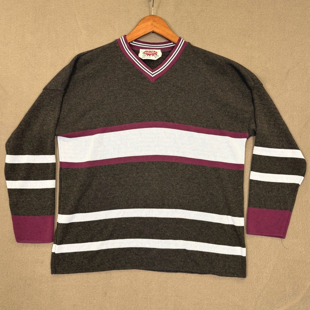 Vintage S.W.A.K. Sweater Women L Striped V-Neck Lightweight USA Pullover 90s